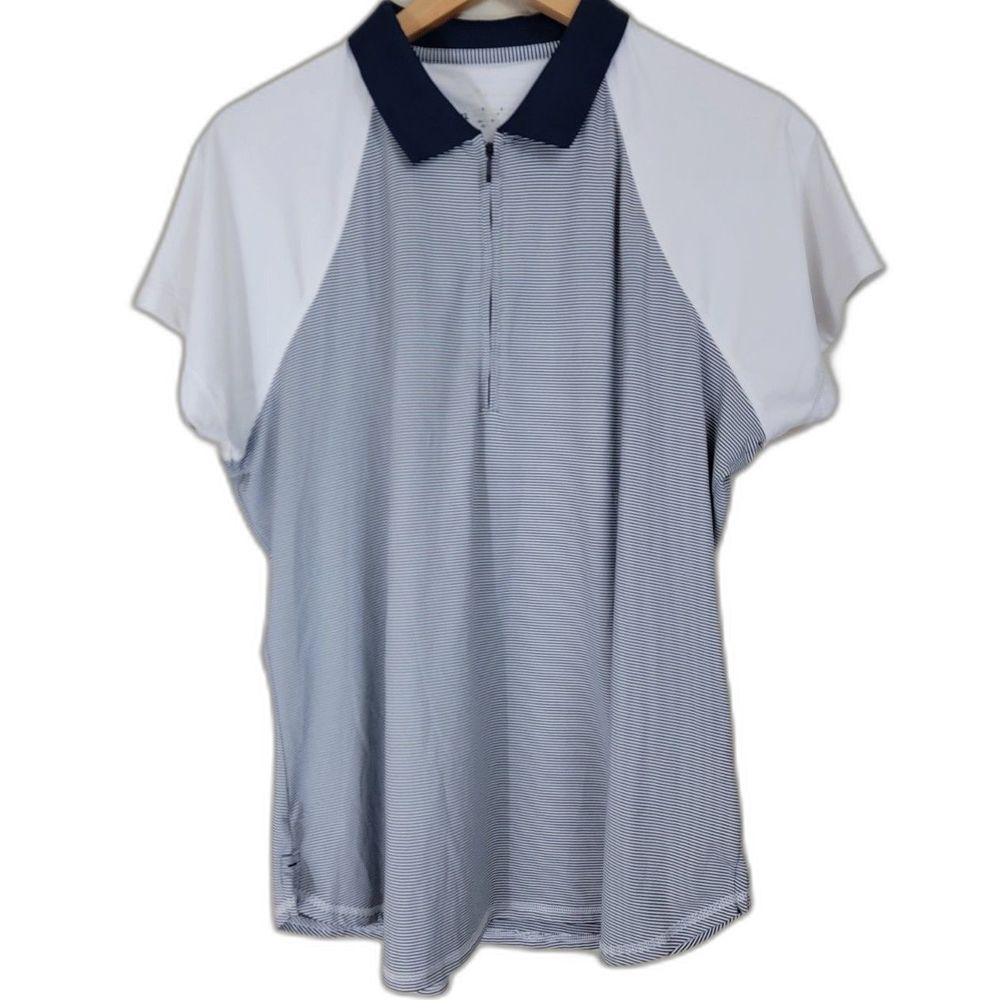 Navy Blue & White UPF Sun Protection PETER MILLAR Short Sleeve Zip Polo Shirt